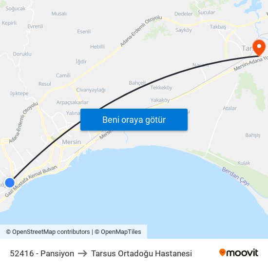 52416 - Pansiyon to Tarsus Ortadoğu Hastanesi map