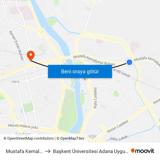 Mustafa Kemal Paşa Blv. 11b to Başkent Üniversitesi Adana Uygulama Ve Araştırma Merkezi map