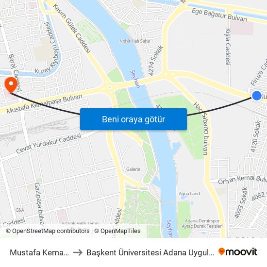 Mustafa Kemal Paşa Blv. 9b to Başkent Üniversitesi Adana Uygulama Ve Araştırma Merkezi map