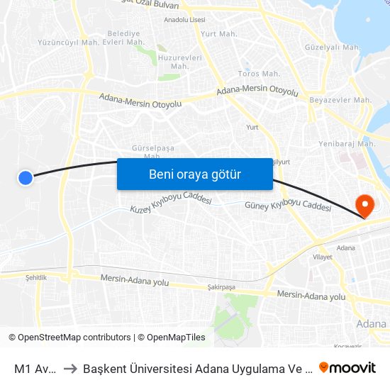 M1 Avm 1a to Başkent Üniversitesi Adana Uygulama Ve Araştırma Merkezi map