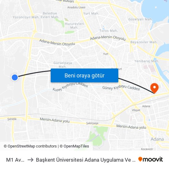 M1 Avm 2a to Başkent Üniversitesi Adana Uygulama Ve Araştırma Merkezi map