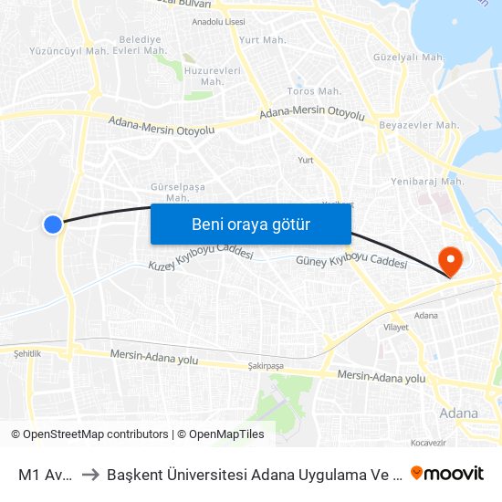 M1 Avm 3a to Başkent Üniversitesi Adana Uygulama Ve Araştırma Merkezi map