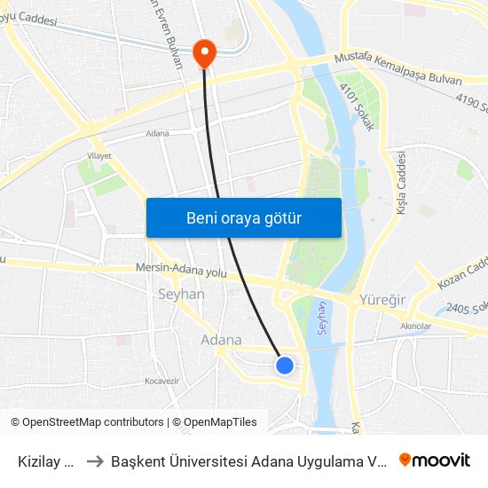Kizilay Cd. 4a to Başkent Üniversitesi Adana Uygulama Ve Araştırma Merkezi map