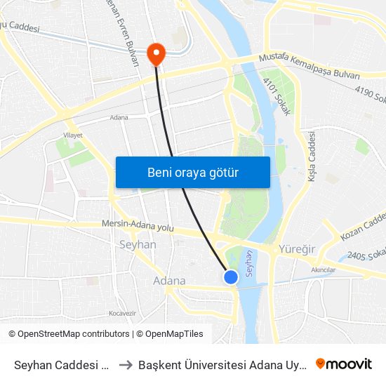 Seyhan Caddesi 1. Durak Taşköprü to Başkent Üniversitesi Adana Uygulama Ve Araştırma Merkezi map