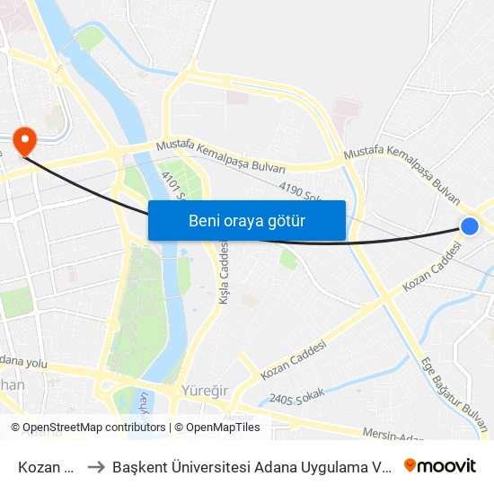 Kozan Cd. 8a to Başkent Üniversitesi Adana Uygulama Ve Araştırma Merkezi map