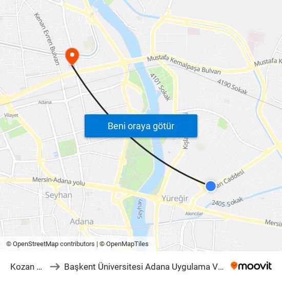 Kozan Cd. 1b to Başkent Üniversitesi Adana Uygulama Ve Araştırma Merkezi map