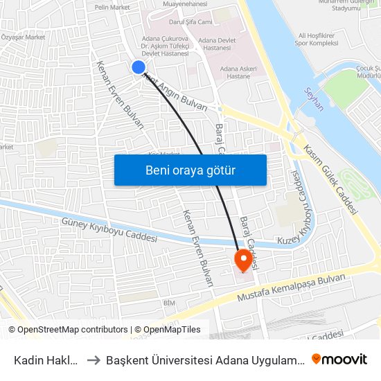 Kadin Haklari Duraği to Başkent Üniversitesi Adana Uygulama Ve Araştırma Merkezi map