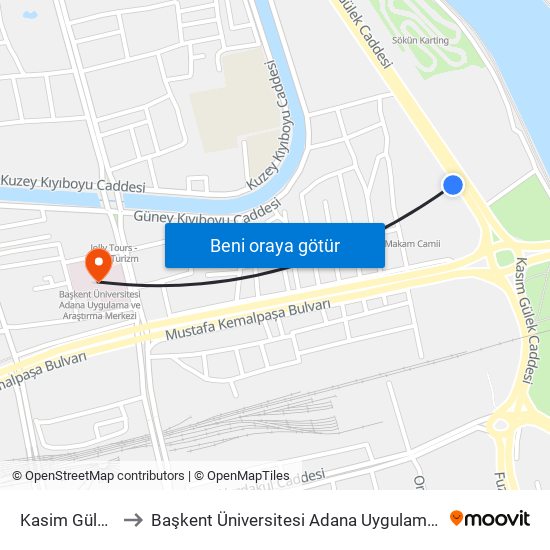 Kasim Gülek Blv. 1b to Başkent Üniversitesi Adana Uygulama Ve Araştırma Merkezi map