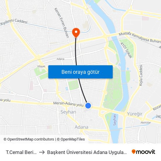 T.Cemal Beriker Blv. 2a to Başkent Üniversitesi Adana Uygulama Ve Araştırma Merkezi map