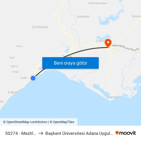 50274 - Mezitli Otoban Yolu to Başkent Üniversitesi Adana Uygulama Ve Araştırma Merkezi map