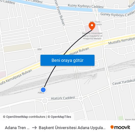 Adana Tren İstasyonu to Başkent Üniversitesi Adana Uygulama Ve Araştırma Merkezi map