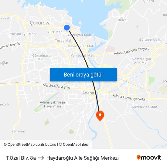 T.Özal Blv. 8a to Haydaroğlu Aile Sağlığı Merkezi map