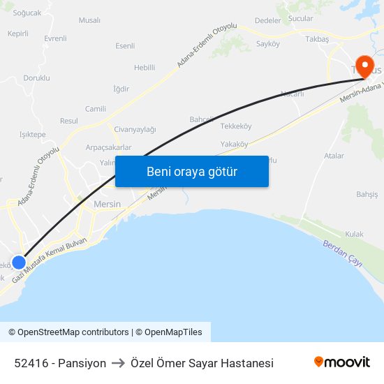 52416 - Pansiyon to Özel Ömer Sayar Hastanesi map