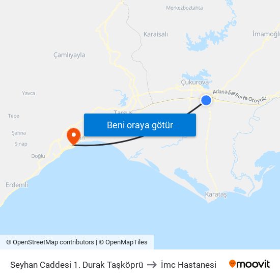 Seyhan Caddesi 1. Durak Taşköprü to İmc Hastanesi map