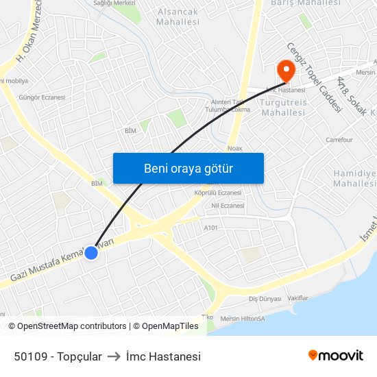 50109 - Topçular to İmc Hastanesi map