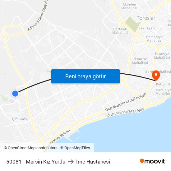 50081 - Mersin Kız Yurdu to İmc Hastanesi map
