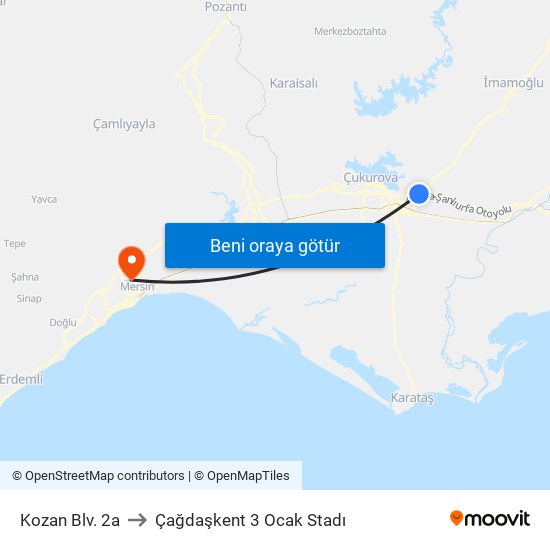 Kozan Blv. 2a to Çağdaşkent 3 Ocak Stadı map