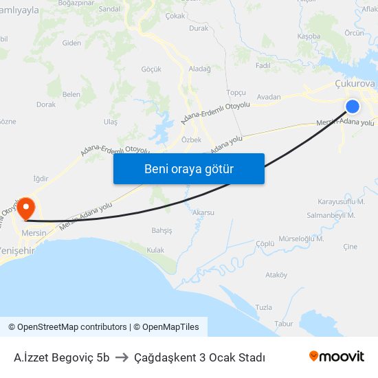 A.İzzet Begoviç 5b to Çağdaşkent 3 Ocak Stadı map