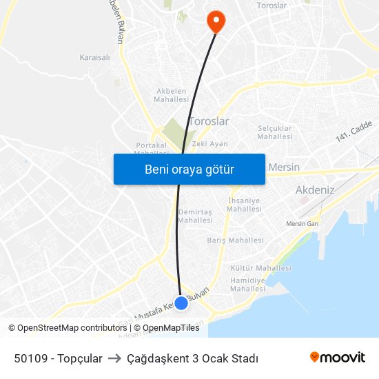 50109 - Topçular to Çağdaşkent 3 Ocak Stadı map