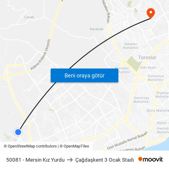 50081 - Mersin Kız Yurdu to Çağdaşkent 3 Ocak Stadı map