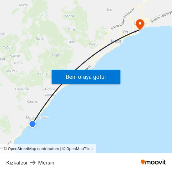 Kizkalesi to Mersin map