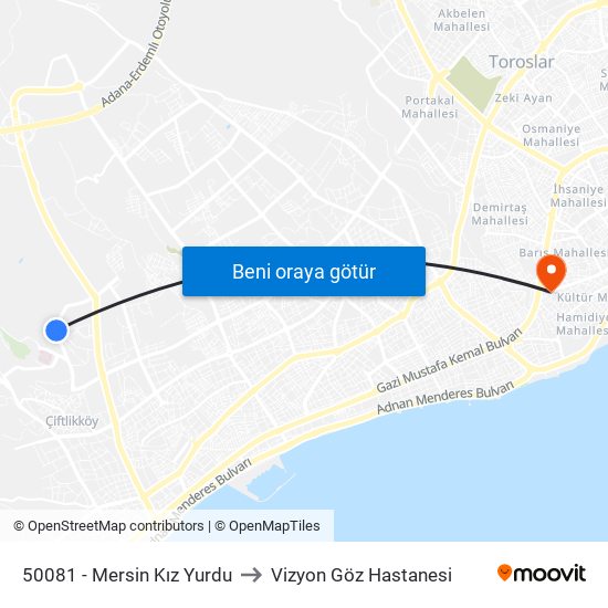 50081 - Mersin Kız Yurdu to Vizyon Göz Hastanesi map