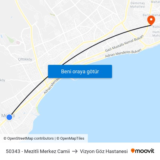 50343 - Mezitli Merkez Camii to Vizyon Göz Hastanesi map