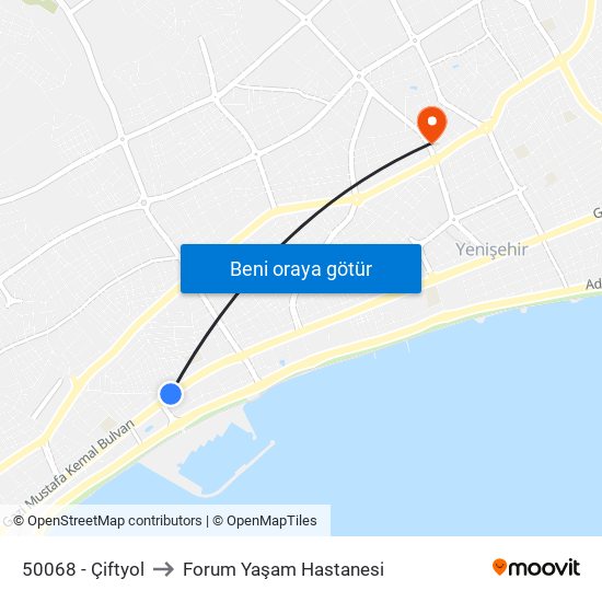 50068 - Çiftyol to Forum Yaşam Hastanesi map