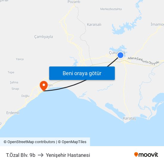 T.Özal Blv. 9b to Yenişehir Hastanesi map