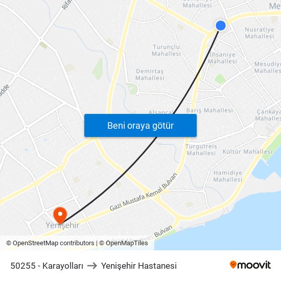 50255 - Karayolları to Yenişehir Hastanesi map