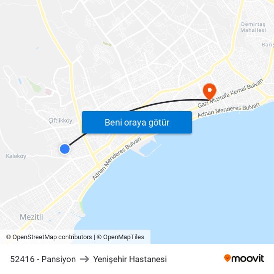 52416 - Pansiyon to Yenişehir Hastanesi map