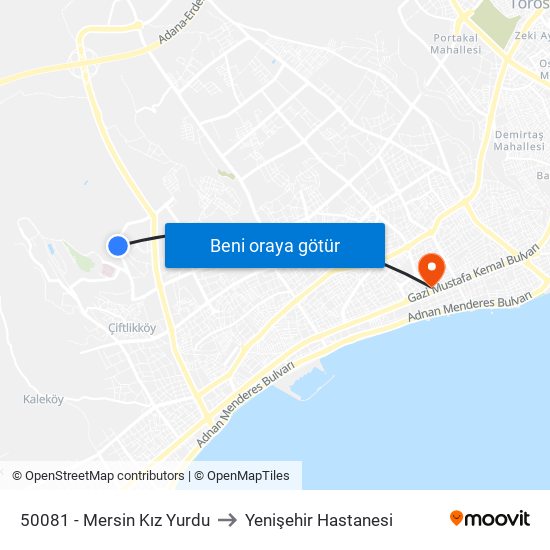 50081 - Mersin Kız Yurdu to Yenişehir Hastanesi map