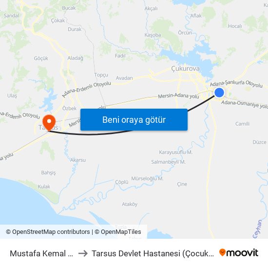 Mustafa Kemal Paşa 1 to Tarsus Devlet Hastanesi (Çocuk Hastanesi) map