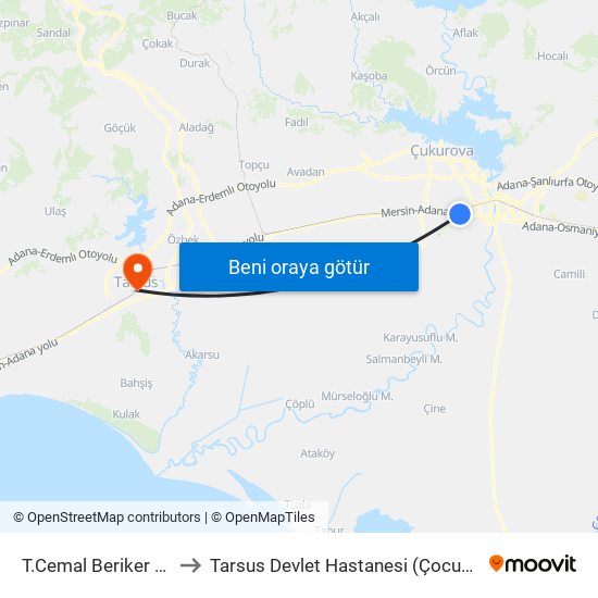 T.Cemal Beriker Blv. 10a to Tarsus Devlet Hastanesi (Çocuk Hastanesi) map