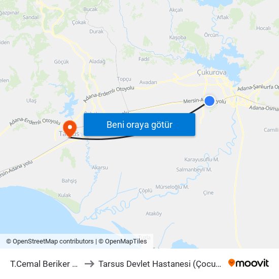 T.Cemal Beriker Blv. 16b to Tarsus Devlet Hastanesi (Çocuk Hastanesi) map