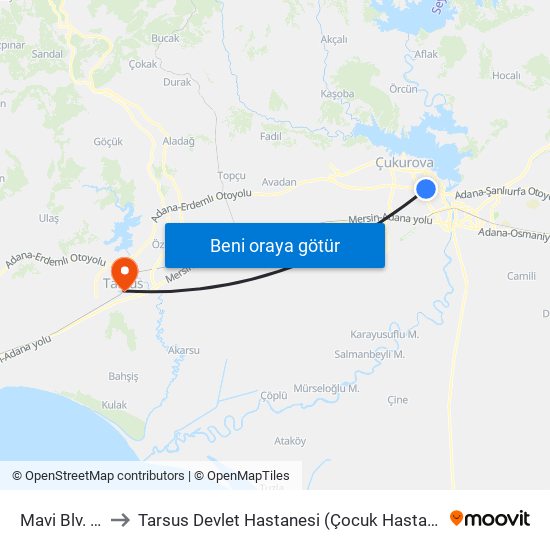 Mavi Blv. 4a to Tarsus Devlet Hastanesi (Çocuk Hastanesi) map