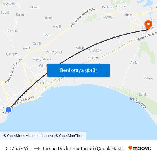 50265 - Vipol to Tarsus Devlet Hastanesi (Çocuk Hastanesi) map