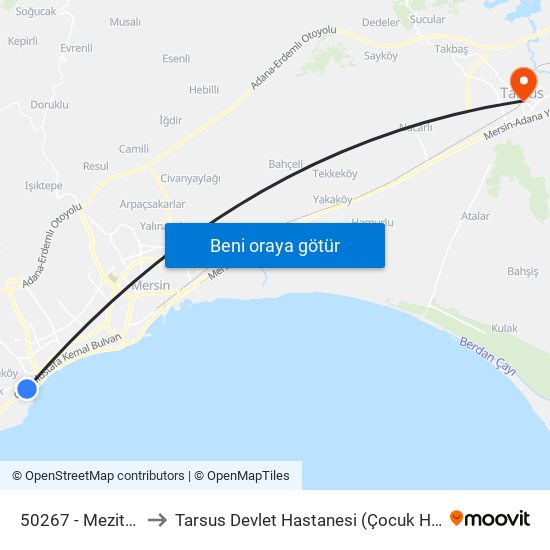 50267 - Mezitli Hali to Tarsus Devlet Hastanesi (Çocuk Hastanesi) map