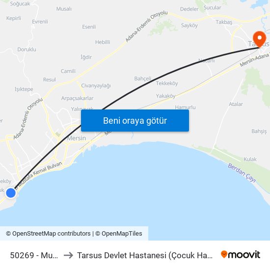 50269 - Muhtar to Tarsus Devlet Hastanesi (Çocuk Hastanesi) map