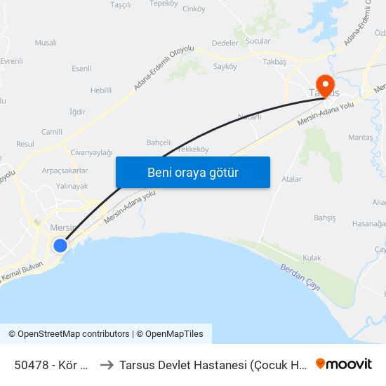 50478 - Kör Yusuf to Tarsus Devlet Hastanesi (Çocuk Hastanesi) map