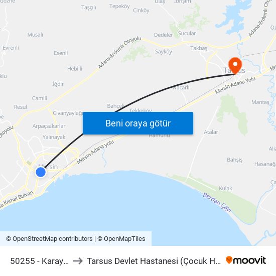 50255 - Karayolları to Tarsus Devlet Hastanesi (Çocuk Hastanesi) map