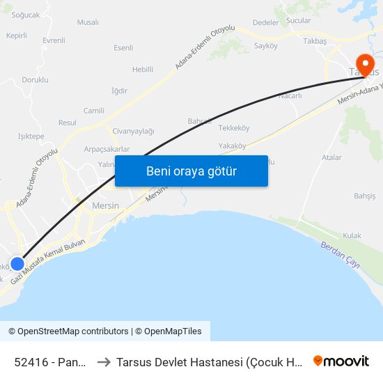 52416 - Pansiyon to Tarsus Devlet Hastanesi (Çocuk Hastanesi) map