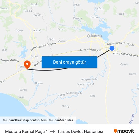 Mustafa Kemal Paşa 1 to Tarsus Devlet Hastanesi map