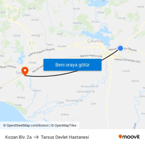 Kozan Blv. 2a to Tarsus Devlet Hastanesi map