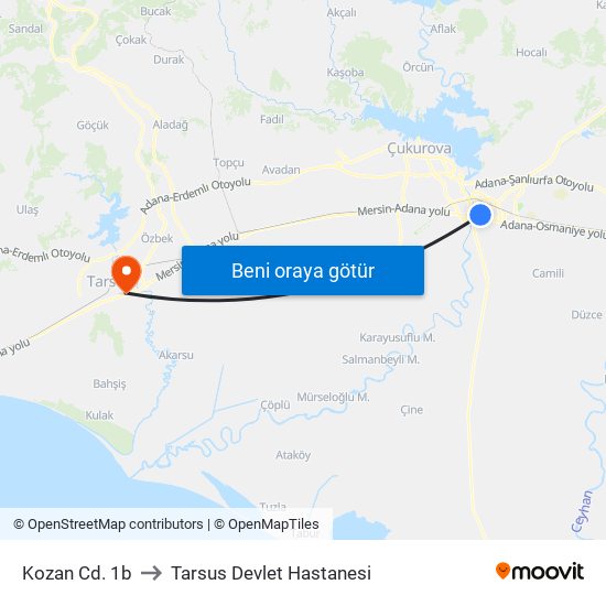 Kozan Cd. 1b to Tarsus Devlet Hastanesi map