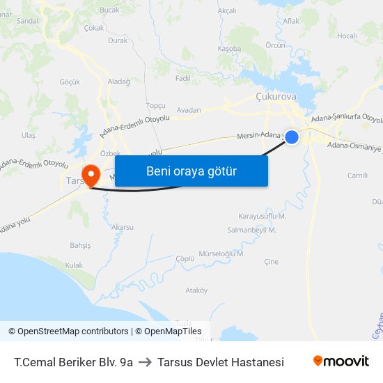 T.Cemal Beriker Blv. 9a to Tarsus Devlet Hastanesi map