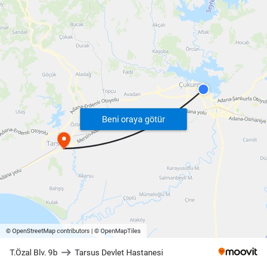 T.Özal Blv. 9b to Tarsus Devlet Hastanesi map