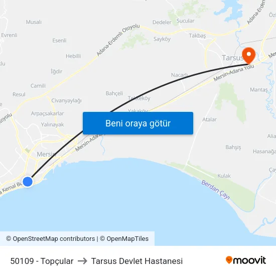 50109 - Topçular to Tarsus Devlet Hastanesi map