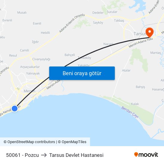 50061 - Pozcu to Tarsus Devlet Hastanesi map