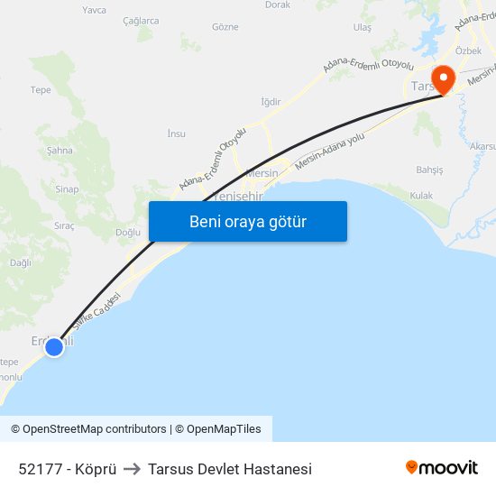 52177 - Köprü to Tarsus Devlet Hastanesi map